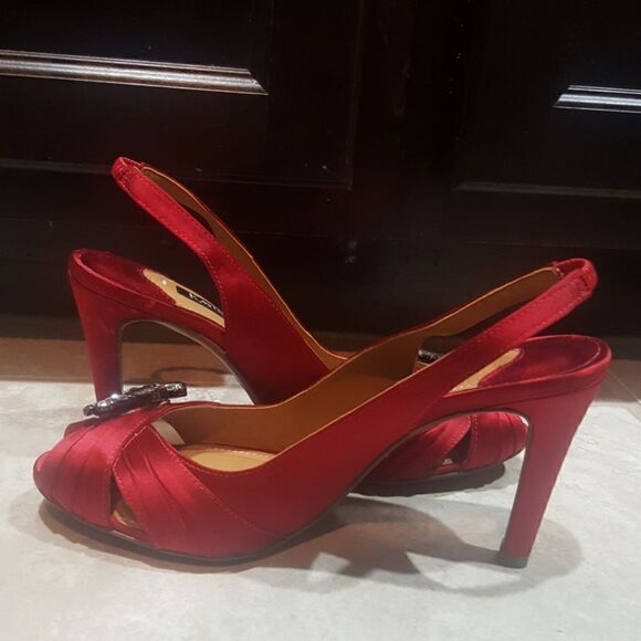 KAY UNGER Red Satin Sling Heels BLING - Size 7M - Picture 3 of 7